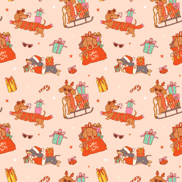 Dachshund Christmas seamless pattern, cute hand drawn sausage dog Delivery Gift cartoon on a festive holiday repeat background