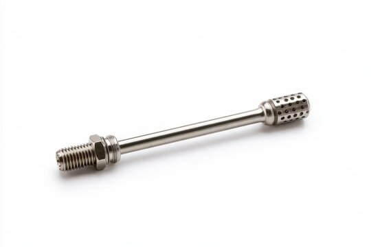 A detailed close-up shot of a metallic pneumatic fitting with a threaded end and perforated tip isolated on white background.