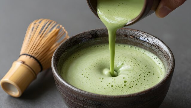 195, A close-up of a specialty pour of ceremonial matcha whisked into rich emerald foam, traditional bamboo chasen whisk resting beside a cracked raku ceramic bowl