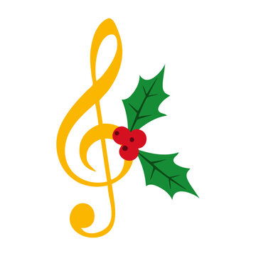 Logo m&uacute;sica de Navidad. Adorno navide&ntilde;o con una clave de sol con hojas y bayas de acebo, para tarjetas y felicitaciones de Navidad