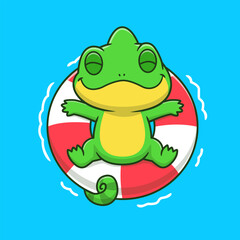 Fototapeta premium Cute Chameleon Chill On Swimming Tires Cartoon