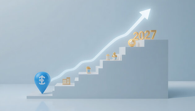 Stylized staircase graphic ascending with small figures at desks and charts along steps leading to gold 2027 text with upward arrow on dark background new year 2027 picture 