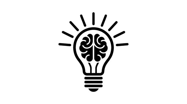 Black and white light bulb icon with a brain silhouette for creative thinking