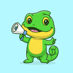 Obraz premium Cute Chameleon Holding Megaphone Broadcast Cartoon
