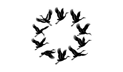 Fototapeta premium Black and White Crane Bird Vector Icons with Flying Poses Head Profiles and Elegant Wildlife Silhouettes