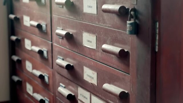 Vintage wooden card catalog features dozens of small drawers, used for organizing index cards. Closeup. Shot in motion