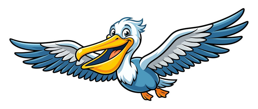 Cartoon Pelican Flying with Open Beak Isolated