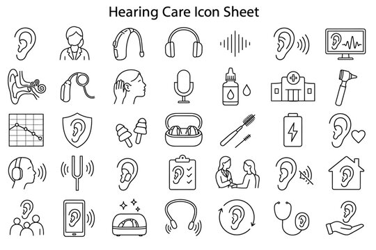 Hearing Care Icon Set: A comprehensive collection of line art icons illustrating various aspects of hearing care, including hearing aids, audiograms, sound waves, and medical professionals.