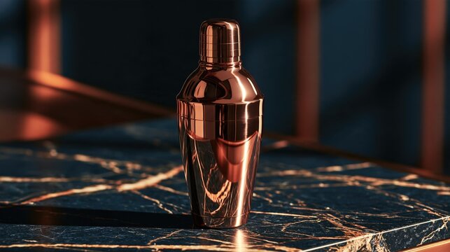 Copper cocktail shaker standing on a dark marble bar counter with soft lighting