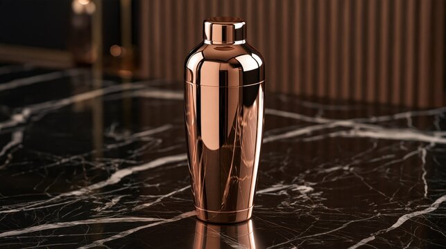 Polished copper cocktail shaker standing on a black marble surface with copy space