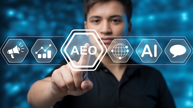 Young professional interacting with an advanced digital interface, selecting a hexagonal icon among various technology and business symbols, signifying data-driven strategy and future growth