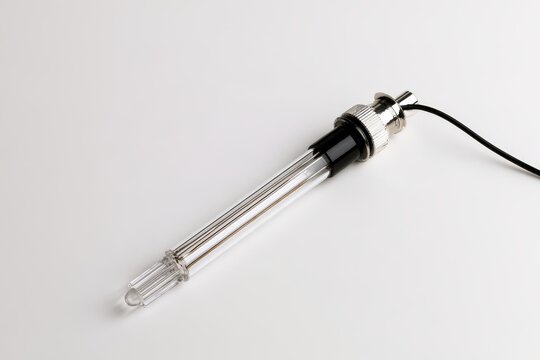 A glass pH electrode sensor with a cable isolated on white background.