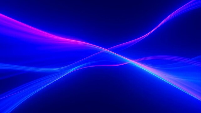 Glowing blue and purple wave lines flow and cross over a dark background with smooth undulating motion. Futuristic backdrop inspired by energy flow and wave motion.