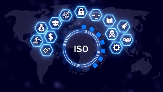 Iso certification and international business standards concept with glowing digital hexagon global network connectivity, corporate compliance, management systems, and strategy
