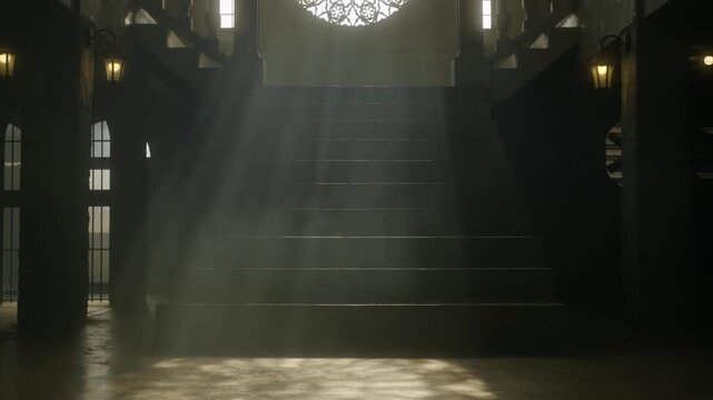 Cinematic upward pan of a gothic stone staircase with god rays through a glowing rose window