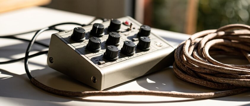 Vintage analog audio mixer console with coiled patch cable on a studio desk