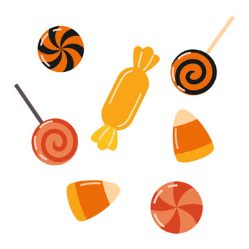 A collection of traditional Halloween sweets and candies, including candy corn, lollipops, wrapped caramel, and swirl sweets, isolated on a white background.