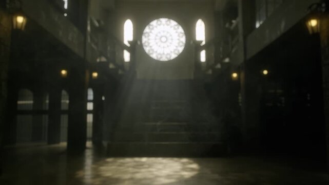Mystical light beam through a rose window in a gothic hall filled with smoke and haze