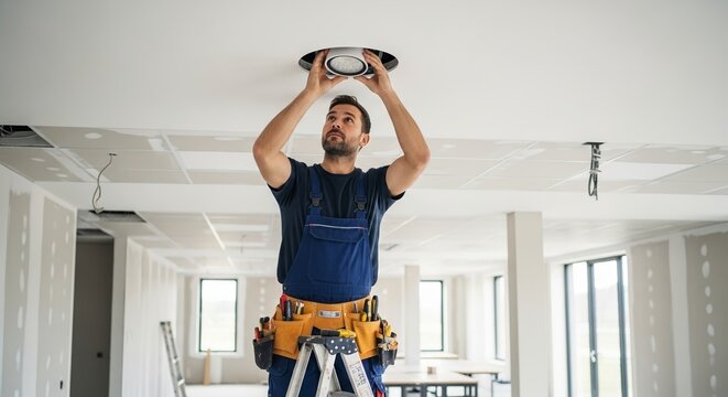 Builder installing spotlight in modern office space, professional electrician working on ceiling lights with focus on safety equipment.