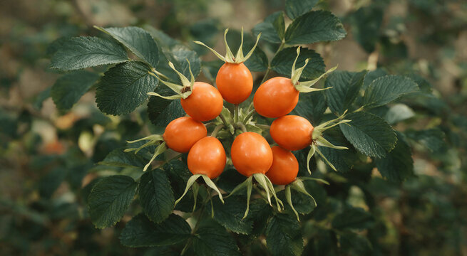Close-up of ripe wild rosehips on a branch