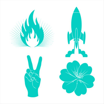 Isolated turquoise peace and rocket icons set