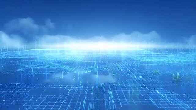 Glowing blue digital grid landscape with drifting fog and light particles. Animated scene combines grid lines and light particles with layered visual depth.