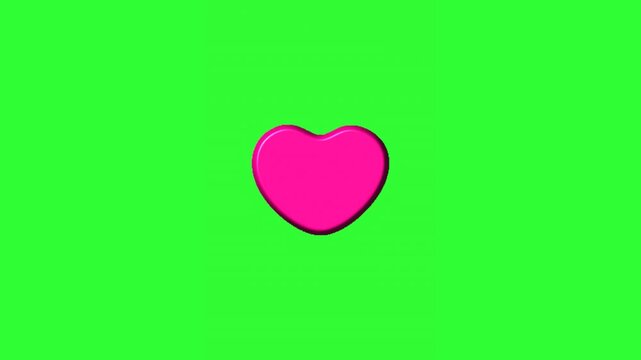 Glossy pink heart animation bursting into separate pieces on a bright green screen background, creating a playful romantic explosion effect for Valentine's Day, love stories, relationship content