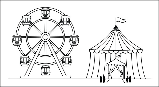 Amusement park amusement ferris wheel and circus big top tent outline vector illustration for carnival festival theme design