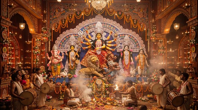 Durga Puja Celebration Composition with Traditional Pandal Decor and Rituals