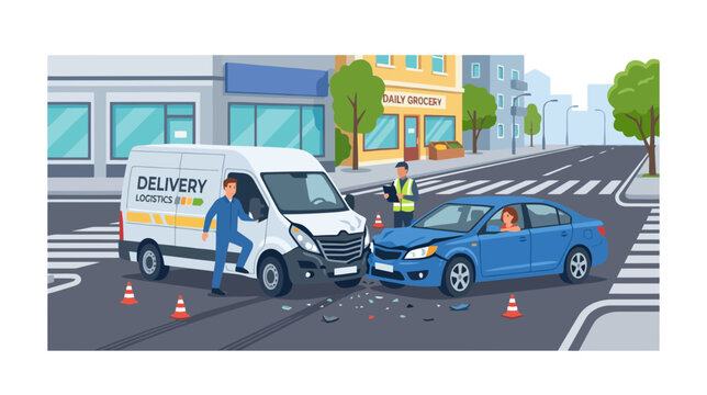 Car accident: delivery van collision on city street, illustration