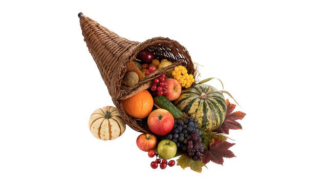 Traditional autumn Thanksgiving cornucopia horn of plenty isolated on transparent background