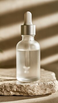 Frosted glass dropper bottle with serum on a natural stone podium with shadows