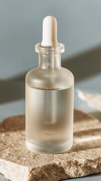 Frosted glass dropper bottle standing on a natural stone surface with soft light