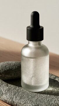 Frosted glass dropper bottle with serum on a natural stone surface with copy space