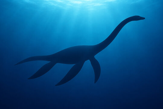 Silhouette of a plesiosaurus with wavy curves against an ocean gradient.