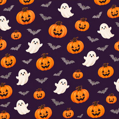 Fototapeta premium ハロウィンのかぼちゃとおばけとコウモリのシームレスパターン