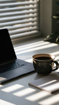Laptop and coffee cup on a desk with window blind shadows and copy space
