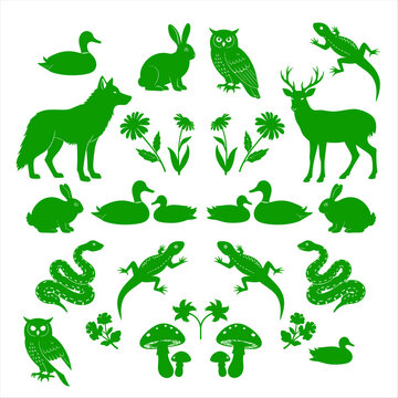 Green forest animals and plants vector icons set