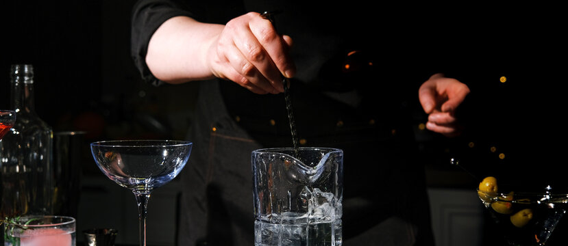 Skilled mixologist stirring cold whiskey sour with long spoon &mdash; luxury hospitality industry. Professional bartender preparing delicious alcohol beverage in dark premium restaurant.