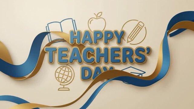 Happy Teachers Day animated text greeting with flowing blue and gold ribbons, featuring school icons for education appreciation celebration.