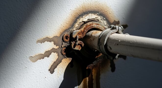 Broken pipe clamp with wet stain spreading on wall revealing rusted metal and damaged surfaces. Pipe connection shows significant corrosion and leak effects highlighting plumbing maintenance issues.