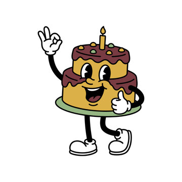 Vintage retro mascot illustration of a happy birthday cake character.