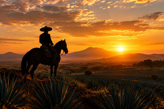 Silhouette of a charro rider on horseback at sunset over agave fields.