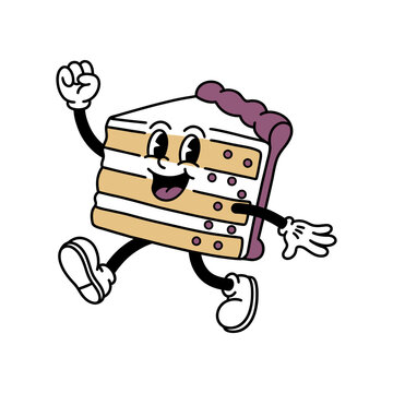 Retro Cartoon Cake Slice Mascot Character Illustration.
