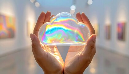 Obraz premium Hands holding iridescent glowing cloud in gallery.