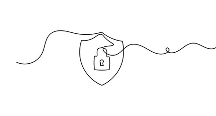 Obraz premium Shield lock continuous line art showing a security emblem with padlock and editable stroke vector icon.