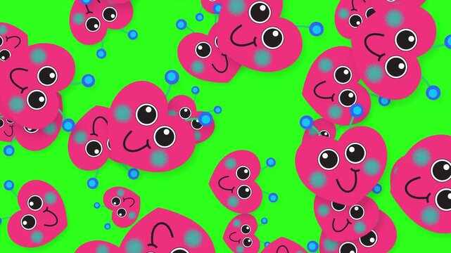 Playful Pink Cartoon Hearts Falling Over Bright Green Background