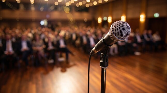 Professional dynamic microphone standing on a sturdy metal tripod ready for public speaking events with warm blurred golden ambient lighting
