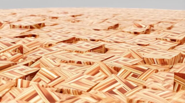 Wooden patterned blocks rise and fall across a neutral gray surface with dynamic displacement and soft shadows. Animated backdrop combines depth of field with visible depth.
