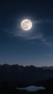 Majestic Full Moon Rising Over Mountain Peaks And Lake